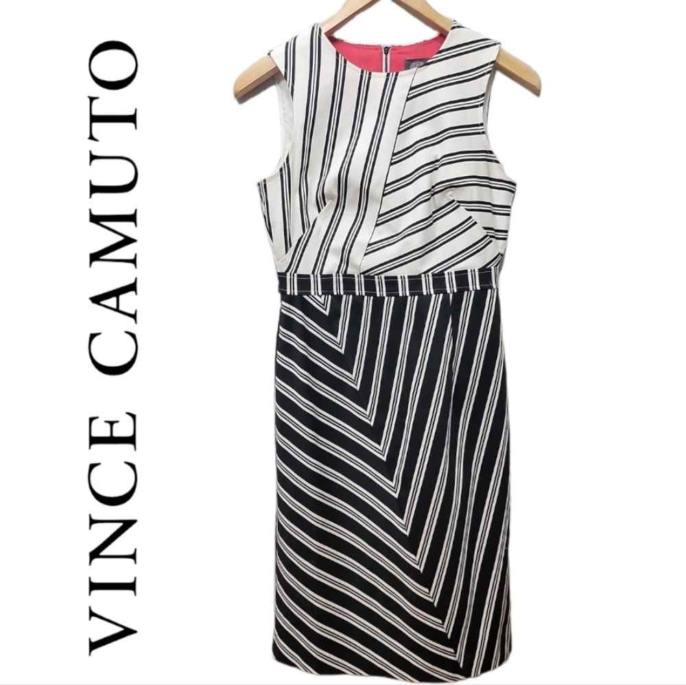 💙Vince Camuto Black White Stripe Sheath Dress Sleeveless Size 2